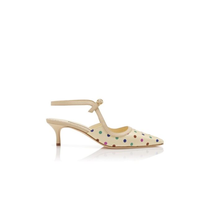 ATOCHAS Décolleté color crema in seta a pois con cinturino alla caviglia