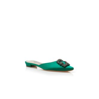 HANGISIMUFLAT Sabot basse in raso verde con fibbia gioiello