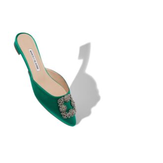 HANGISIMUFLAT Sabot basse in raso verde con fibbia gioiello