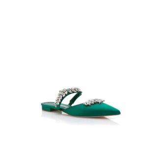 LURUMFLAT Sabot basse in raso verde con decorazioni in cristallo