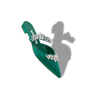 LURUMFLAT Sabot basse in raso verde con decorazioni in cristallo
