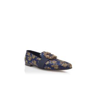 Mocassini CARLTON blu navy in jacquard di seta floreale con fibbia gioiello