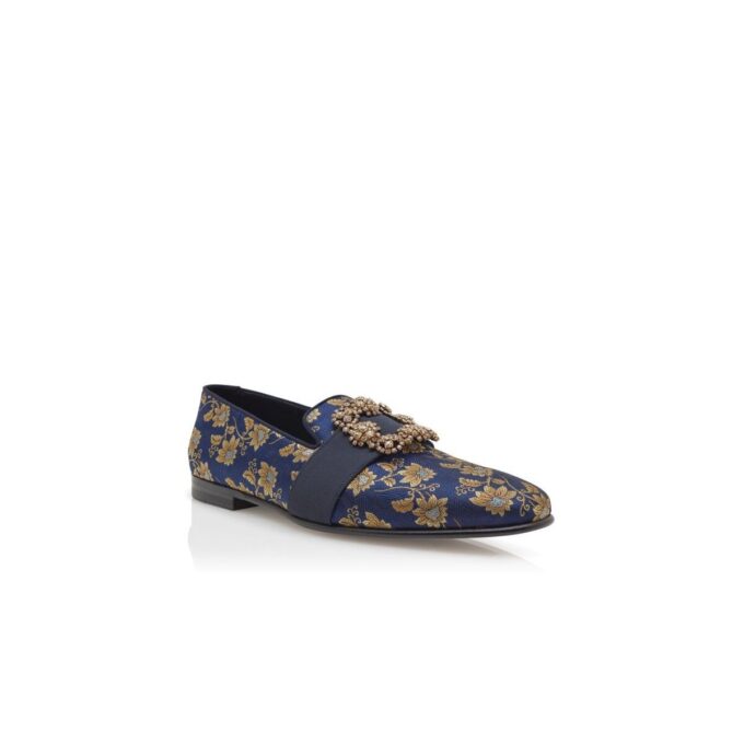 Mocassini CARLTON blu navy in jacquard di seta floreale con fibbia gioiello
