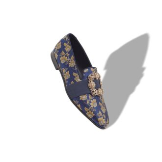 Mocassini CARLTON blu navy in jacquard di seta floreale con fibbia gioiello