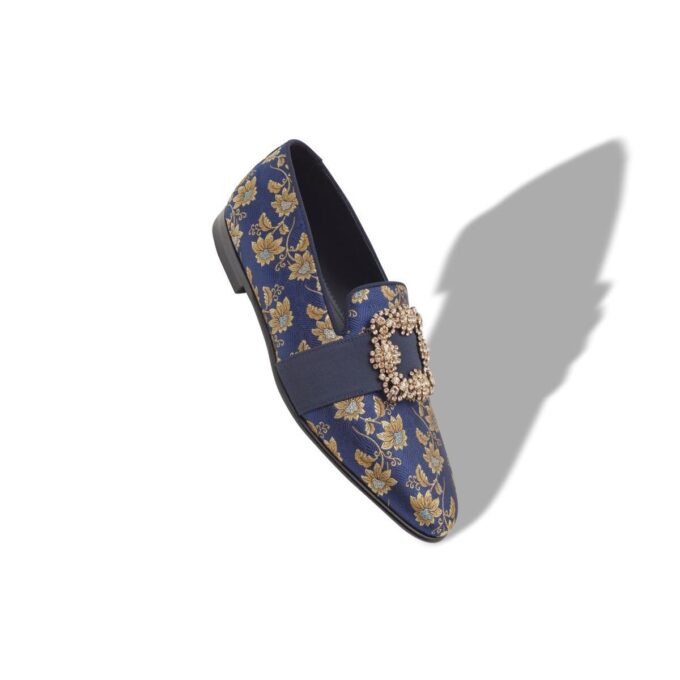 Mocassini CARLTON blu navy in jacquard di seta floreale con fibbia gioiello