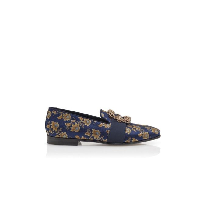 Mocassini CARLTON blu navy in jacquard di seta floreale con fibbia gioiello