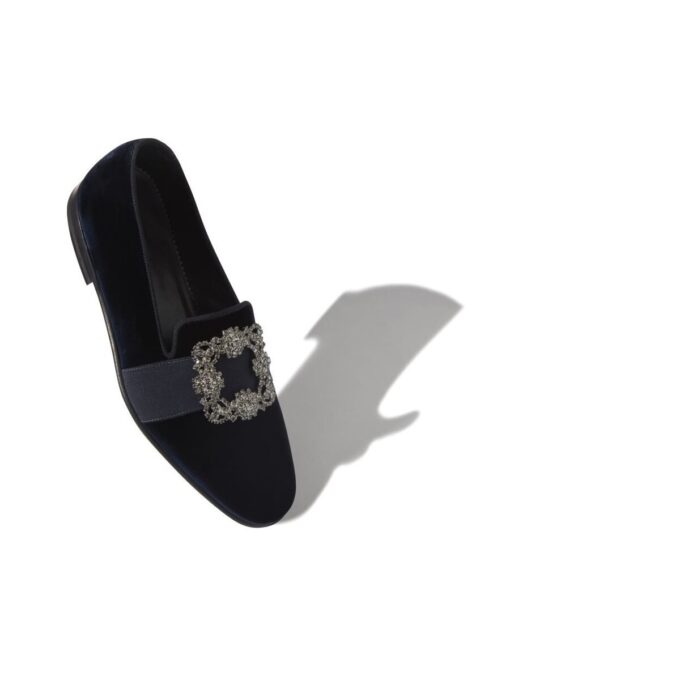 Mocassini CARLTON in velluto blu navy con fibbia gioiello