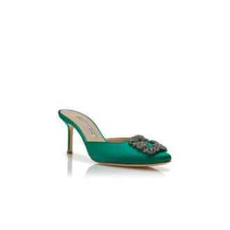 Sabot Hangisimu in raso verde con fibbia gioiello