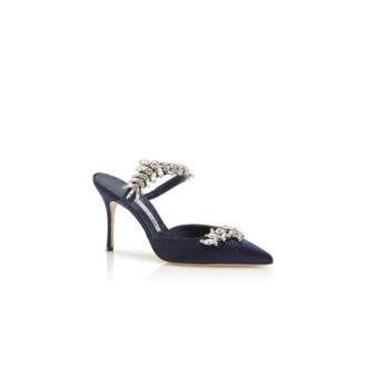 Sabot Lurum in raso blu navy con decorazioni in cristallo