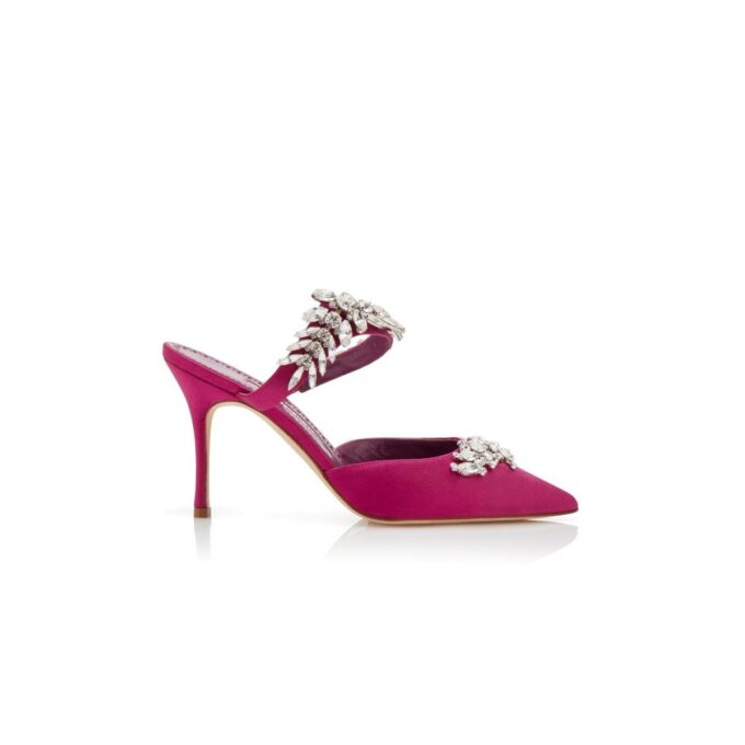 Sabot Lurum in raso fucsia con decorazioni in cristallo Sabot Lurum in raso fucsia con decorazioni in cristallo